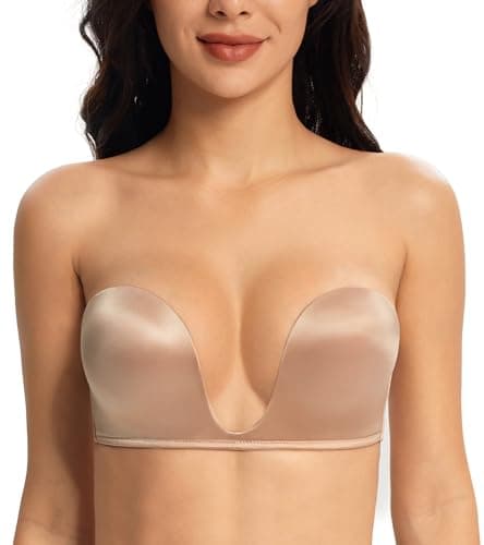 Lemorosy Sujetador sin Tirantes para Mujer Push Up U-Shape Comfort Acolchado sin Espalda (100D,Beige)