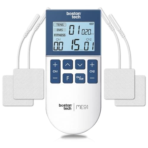 Boston Tech® Electro estimulador Muscular | 3 en 1: TENS + EMS + Fitness | Alivio eficaz del Dolor + Entrenamiento | 2 Canales + 50 Modos + 16 Niveles de Intensidad + Incluye Estuche + 4 Electrodos