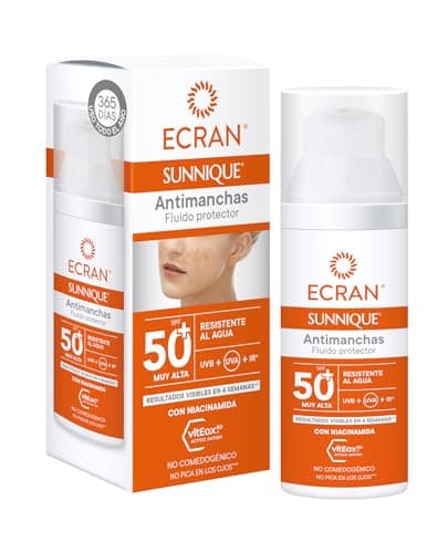 Ecran Sunnique - Fluido Protector Solar SPF 50 Antimanchas con Niacidamina, Protege de Quemaduras, Corrige Imperfecciones, Unifica el Tono de la Piel, Fórmula con VitEox 80 - 50 ml