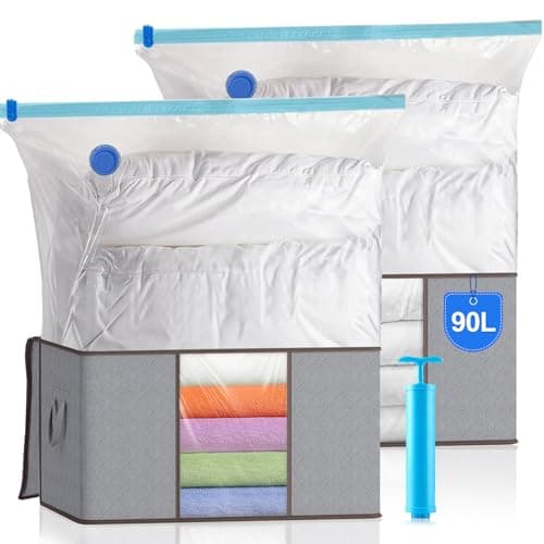 2 Cajas Almacenaje Ropa (90L) + 2 Bolsas de Almacenaje al Vacío + Bomba, Caja Almacenaje Ropa con Asa Reforzada, Bolsas Almacenaje Ropa, Organizador Armario, Para Guardar Ropa, Edredones, Mantas