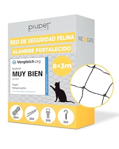 PiuPet® Red para Gatos Reforzada I 8x3m I Negro I para balcón, terraza y Ventana I Incluye Set de fijación | Red para Gatos terraza | Malla Protectora Balcon | Redes para Gatos para Ventanas