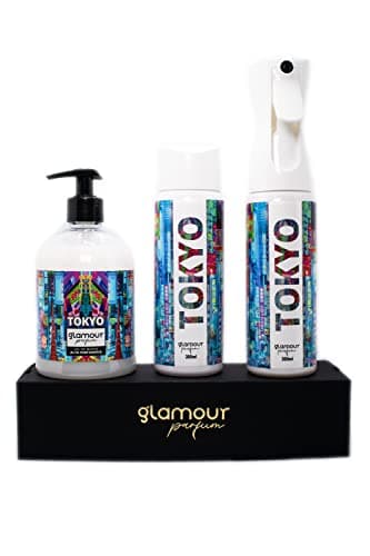 GLAMOUR PARFUM - Pack Ambientador Textil + Recambio 300 ml + Jabón de Manos 500 ml - Ambientador Hogar Tokyo - Aroma Floral y Cítrico - para Pulverizar en la Cama o en Cortinas