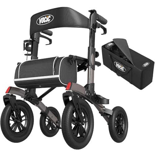 VOCIC Andador para ancianos,Andadores adultos con cesta y asiento y 4 ruedas,Andador plegable ligero, Aluminio ajustable en altura para exteriores y viajes, Gris (5 años de garantía)