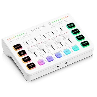 IXTECH Mezclador de audio para juegos de 4 canales, interfaz de audio RGB para PC con soporte de micrófono XLR, ecualizador de audio para juegos, podcast, streaming, karaoke, controles de volumen