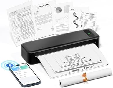 Impresora Portátil Termica A4, Impresoras Inalambrica Bluetooth 300 dpi para Papel Térmica 210x297mm/110mm/80mm/53mm/216mm, Casa Mini Movil Portatil Sin Tinta Wireless Portátiles Printer, negro