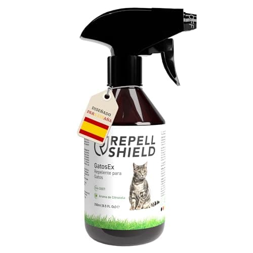 RepellShield® Spray Repelente Gatos Exterior e Interior, sin Manchas 250ml - Spray Antiarañazos Gatos - Seguro para Niños y Mascotas - Ahuyentador Gatos, Alternativo a Veneno para Gato