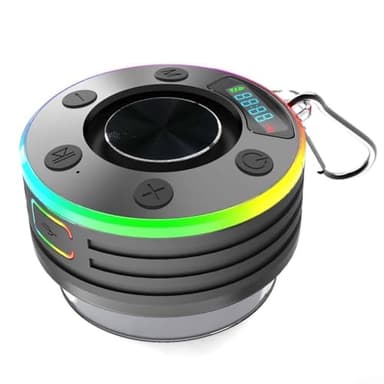 Besttoolifes Altavoz impermeable con radio FM, radio de ducha IPX7, reloj de pantalla LED, ventosa, sonido HD, graves de 5 W, tiempo de reproducción de 8 horas, llamada manos libres, altavoz