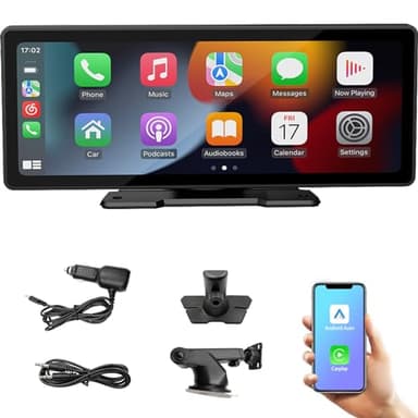 Pantalla Estéreo Portátil para Coche de 10,3'' HD IPS con Android Auto y Apple CarPlay Inalámbricos, Transmisor FM Bluetooth, 7V-32V para Camiones y Furgonetas