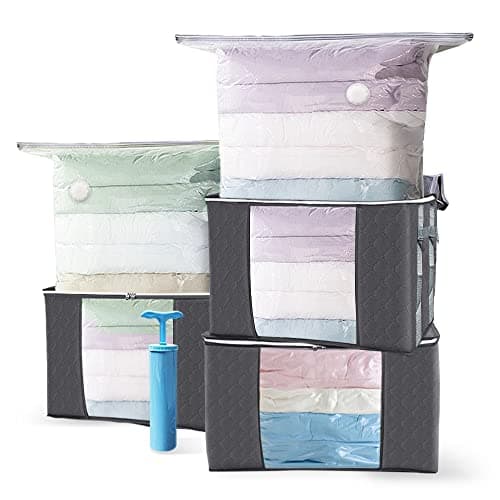 VOUNOT 3 Bolsas Vacío Ropa y 3 Cajas Almacenaje Ropa EDENOO con Cremallera y Asas, para Guardar Ropa, Sábanas, Edredones, Almohadas, Manta