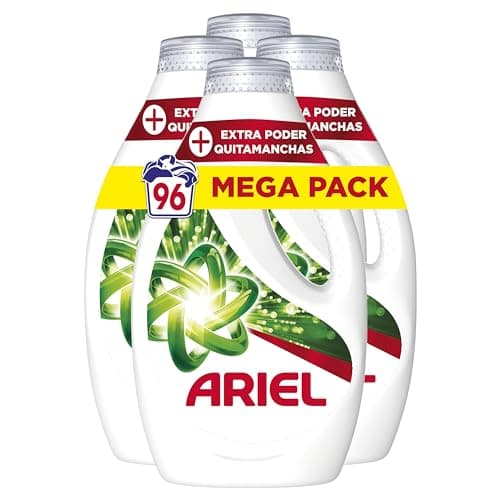 Ariel Detergente Lavadora Liquido, 96 Lavados (4x24), Jabon Quitamanchas, Mas Poder Extra Quitamanchas, Limpieza Profunda