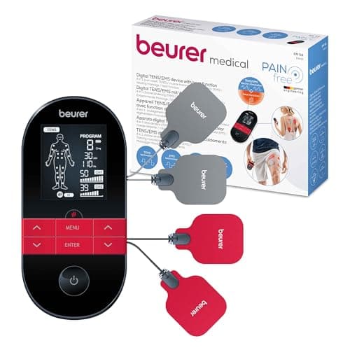 Beurer EM 59 Electroestimulador digital con función calor, tens, ems y masaje, 2 canales, función calor, 4 electrodos, con pads de gel, intensidad regulable, temporizador, color negro rojo