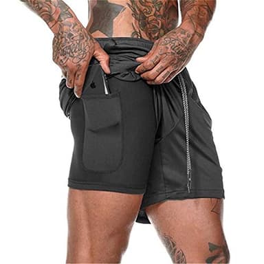 Pantalónes Cortos de Running para Hombre, 2 en 1 Deporte Pantalones Cortos con Forro de Bolsillo Incorporado, Secado Rápido Transpirable Shorts Deportivos para Atletismo Fitness Gimnasio (B Negro, L)