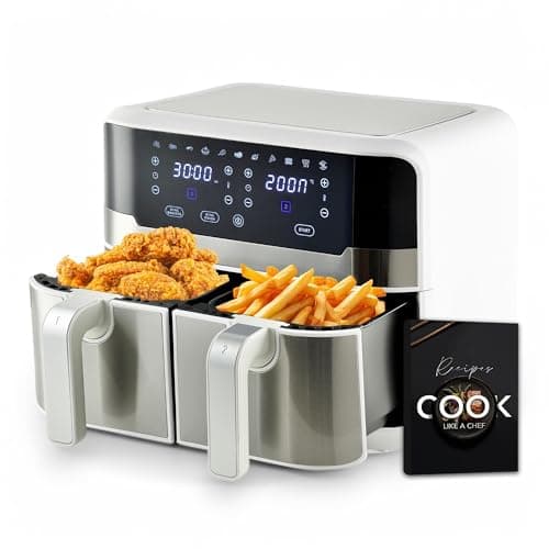 MasterPro Rocket Duo 900 | Freidora Sin Aceite Doble | Color Blanco | Capacidad de 9 L y 2400 W | Pantalla LED Táctil y Cesta Antiadherente | Freidora de Aire | 11 Funciones Diferentes en 1