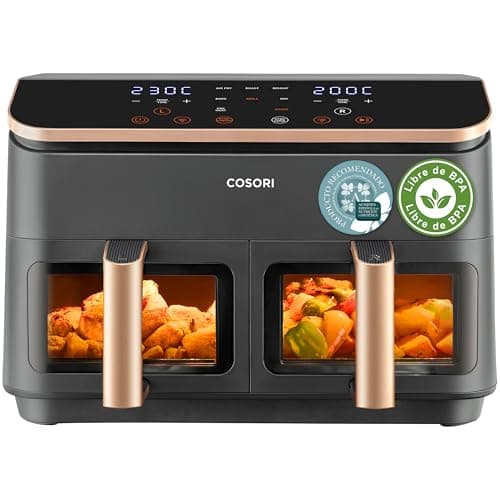 Cosori Freidora de Aire Grande con Doble Cesta 8,5L Air Fryer, Alta Pontencia y Velocidad, Max 8-10 Personas, 10 Funciones, Acero Inox Interior con Fianza, Más Sano, Panel Táctil Intuitivo, Limpiable