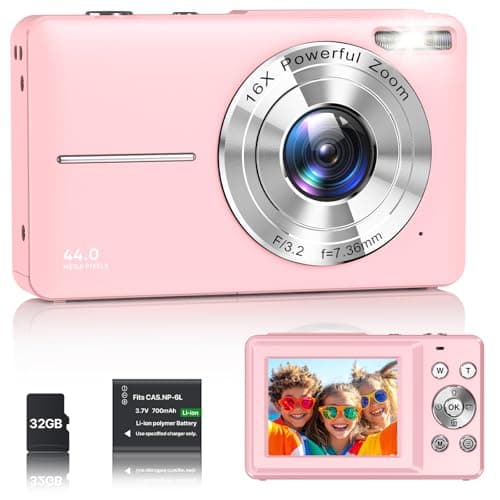 Cámara Digital 1080P Cámara de Fotos HD 44MP Cámara Digital Compacta con Pantalla LCD de 2,4 Pulgadas, Zoom Digital 16X, Tarjeta de Memoria Micro de 32G, 1 Batería para Niños, Adolescentes - Rose