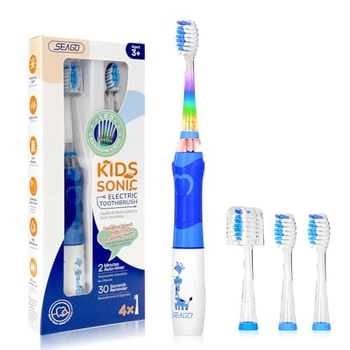 Seago Cepillo electrico infantil, Cepillo de dientes infantil con luz de colores, 4 cabezal de recambio extra suaves, Temporizador de 2 minutos, Apto para niños mayores de 3 años SG977(Azul)