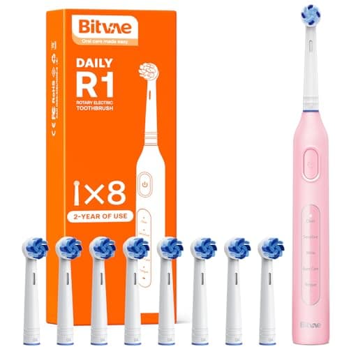 Cepillo Electrico para Adultos y Niños, Cepillo de Dientes Eléctrico Giratorio con 8 Cabezales, 60 Días de Duración de la Batería, 5 Modos, Rosa