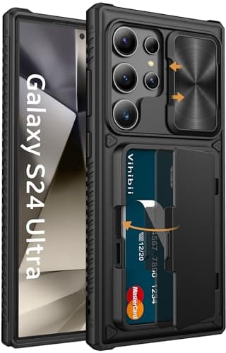 Vihibii para Samsung Galaxy S24 Ultra Funda con Ranura para Tarjeta & Deslizante para Cámara, Protección Militar Resistente a Los Golpes Antideslizante Case para Samsung S24 Ultra, Negro