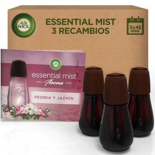 Air Wick Essential Mist - Recambio de Ambientador Difusor de Aceites Esenciales con Aroma a Peonia y Jazmín, Multicolor, 3 x 20ml