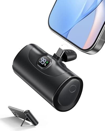 Mini Universal Bateria Externa Carga Rapida Power Bank, 5000mAh Cargador Portatil Movil con Soporte Integrado, Powerbank Conector USB-C Plegable Compatible Samsung iPhone 15/16 Teléfonos etc (Negro)