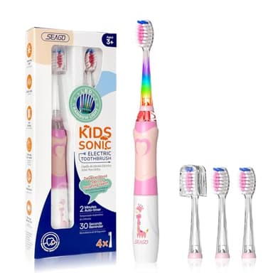 Cepillo electrico infantil, Seago Cepillo de dientes infantil con luz de colores, 4 cabezal de recambio extra suaves, Temporizador de 2 minutos, Apto para niños mayores de 3 años SG977 (rosa)