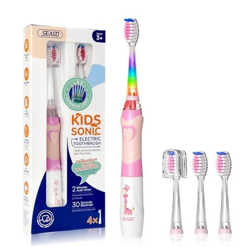 Cepillo electrico infantil, Seago Cepillo de dientes infantil con luz de colores, 4 cabezal de recambio extra suaves, Temporizador de 2 minutos, Apto para niños mayores de 3 años SG977 (rosa)