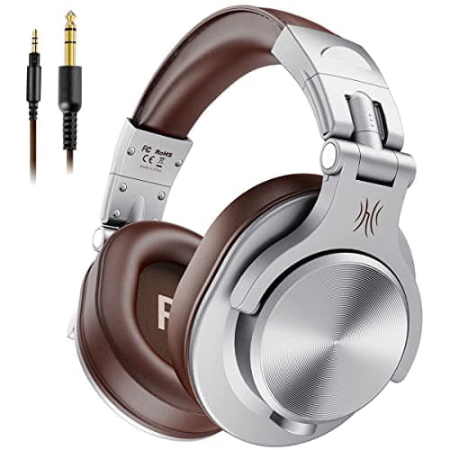 OneOdio Auriculares DJ, Auriculares Diadema con Micrófono, Auriculares Cerrados con Cable para PC, Auriculares HiFi de Estudio para Monitor de Grabación AMP, Guitarra, Piano, E-Drum, Plata y Marrón