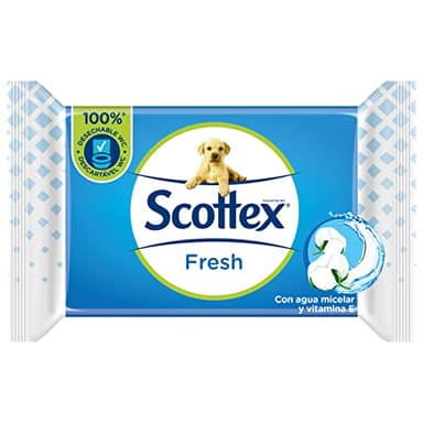 Scottex Papel Higiénico Húmedo Fresh con Agua Micelar y Vitamina E, Biodegradable y Sin Plástico, 38 Toallitas Húmedas Desechables por el WC