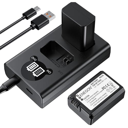 ENEGON 2X NP-FW50 Baterías de Repuesto y Cargador Dual LED USB Inteligente para Sony ZV-E10, Alpha a6100, a6000, a6300, a6400, a6500, a3000, a5000, a5100, NEX 3/5/7 y SLT-A Series