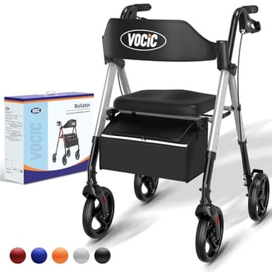 VOCIC Andador plegable y ligero con asiento, andadores estrechos para apartamentos, andadores para personas mayores, plegable con neumáticos de 20 cm para todo terreno, asiento y mango de altura