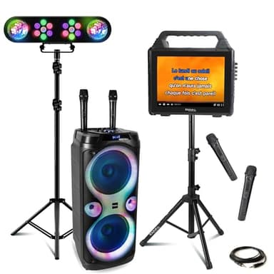Ibiza – Pack Karaoke Ibiza Altavoz con pantalla Bluetooth KARAVISION en pie – Altavoz de 1000 W Columba-Karaoke – 4 micrófonos VHF – Portico luz