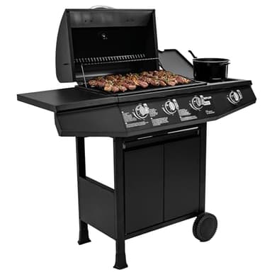 Amig - Barbacoa de gas Fireplus 3+1 de 8,4 kW - Acero inoxidable Negro - Parrilla con ruedas Modelo GRILL-3F - Barbacoa XXL con carro y termómetro - 117x52x103 cm - 4 quemadores y Bandeja lateral