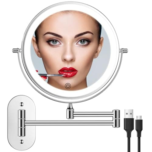 FUNTOUCH Recargable Espejo Maquillaje con Luz Aumento 1X / 10X, 8 Pulgad Baño de Pared con Regulable 3 Color Luces, Doble Cara con 360 Rotación, Hotel (Plata)