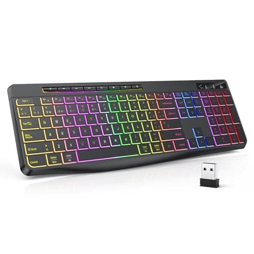 TECURS Teclado Gaming inalámbrico- Teclado QWERTY Silencioso, Ergonómico, Impermeable, 2.4Ghz LED Teclado Retroiluminado, Anti-Ghosting, Full-Size Teclado avec Multimédia para PC/Ordenador/MAC/Windows