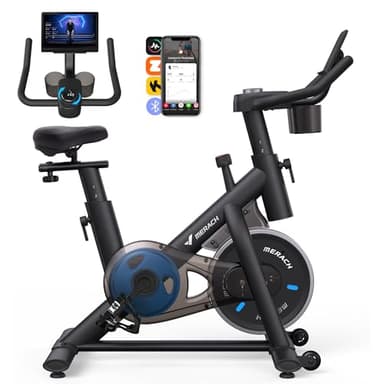 MERACH Bicicleta estática silenciosa con monitor LCD mejorado, con resistencia ajustable para entrenamiento cardiovascular en casa, con aplicación propia, hasta 136 kg