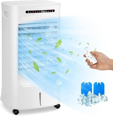 GOPLUS Aire Acondicionado Portátil con 10 L Tanque de Agua, Refrigerador de Aire 4 en 1 con Temporizador de 15 H, Humidificador Ventilador, Ajustable de 3 Modo y 3 Velocidades, Pantalla de Control LED