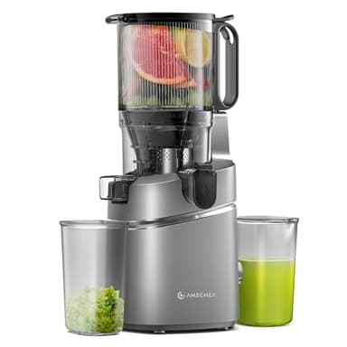 AMZCHEF Extractor de Zumos y Verduras Automático, 135MM Apertura y 1.8L Capacidad Licuadora para Verduras y Frutas Entera, 250W Licuadora Prensado en Frio Lento con Triple Filtro - Gris, SJ-036