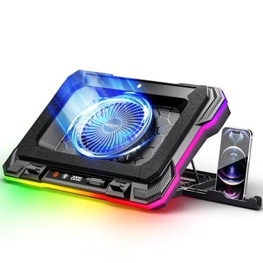 Base Refrigeradora Portatil Poderoso Fanático de Turbo RGB Gaming Notebook Cooler, MOOJAY Soporte del Ventilador de Laptop con 8 Alturas Ajustables y Soporte Teléfono per 14-19" Laptops - Azul