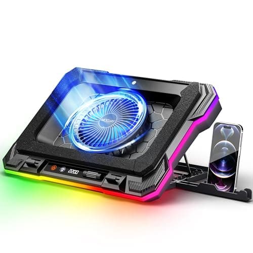 Base Refrigeradora Portatil Poderoso Fanático de Turbo RGB Gaming Notebook Cooler, MOOJAY Soporte del Ventilador de Laptop con 8 Alturas Ajustables y Soporte Teléfono per 14-19" Laptops - Azul