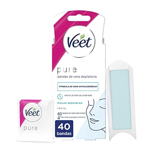 Veet Pure Bandas de Cera Fría Depilatoria para Depilación Facial Adecuado para Labio Superior (Bigote), Fórmula de Cera Hipoalergénica para Pieles Sensibles, 40 Tiras