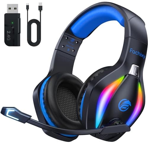 Fachixy「2025 Nuevo」FC100 Cascos Gaming Inalámbricos para PC, PS5, PS4, Auriculares Gaming Inalámbricos de 2,4GHz Wireless+Bluetooth - Baja Latencia, Duración 40Hr+, Luces RGB (Azul-Negro)