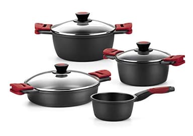BRA Premiere Batería De Cocina De 4 Piezas De Aluminio Fundido con Antiadherente, fudido, Negro,Rojo