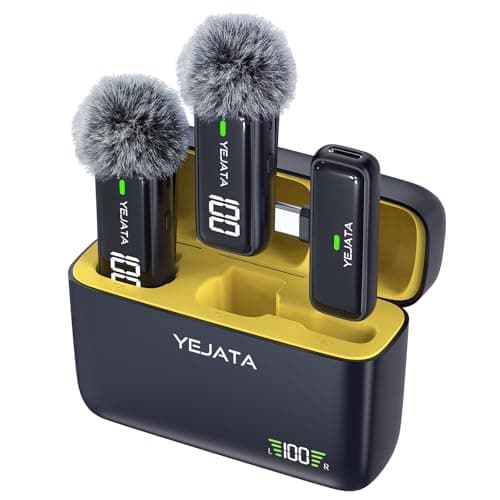 YEJATA Microfono Inalambrico para teléfono con transmisor Pantalla Digital y Estuche de Carga 40 Horas, micrófono Lavalier inalámbrico con Puerto USB Tipo C para grabación de vídeo – Juego de 2
