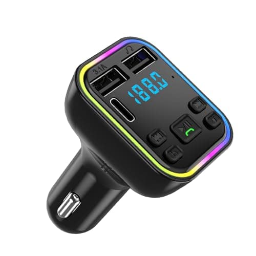 Transmisor FM Bluetooth Coche 5.0, Manos Libres Adaptador Mechero para Musica Radio, Puertos USB Duales 3.1A y Tipo C, Transmisor Bluetooth Inalámbrico para Coche Soporte Tarjeta TF, Disco U, MP3