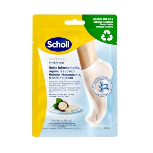 Scholl Expert Care Mascarilla para pies con aceite de macadamia - Hidratación intensa en 20 min - Calcetines no grasos para piel seca - Fáciles de usar y reciclables - Suavidad instantánea - 1 par