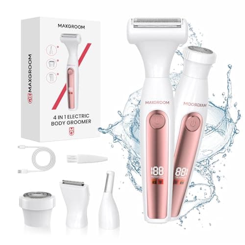 MAXGROOM Afeitadora Mujer, 4 en 1 Kit Afeitadora Electrica para Cara, Cuerpo, Cejas y Zonas Íntimas, Indoloro Depiladora Mujer Uso en seco y Húmedo, LED DISPLAY, Carga Tipo-C