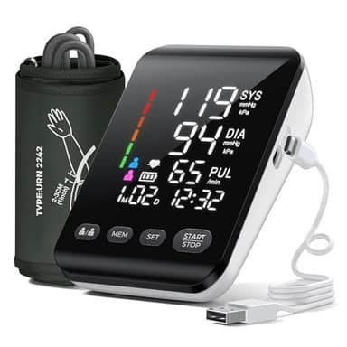 Tensiometro de Brazo Digital, Medidor Tension Arterial Profesional, Aparato Tension Arterial con Pantalla LED HD, Se Pueden Registrar 2 x 199 Datos de Usuario,Cable de Carga de Batería AA/Tipo-C
