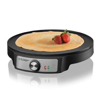 Cloer 6620 Crepera eléctrica, para crepas dulces o saladas con 29 cm Ø, 1200 W, revestimiento antiadherente, Incl. esparcidor de masa de madera y volteador, negro