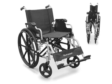 QUIRUMED Silla de ruedas de aluminio, Plegable, Asiento 48 cm, Reposabrazos abatibles y desmontables, Reposapiés abatibles, Frenos de mano, Para mayores, Para minusválidos
