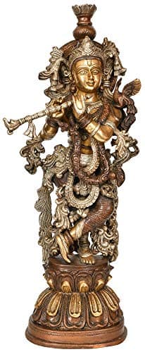 AONA Krishna Statue - Idolo de latón - Krishna con flauta - Cobre plata color oro - 20 pulgadas